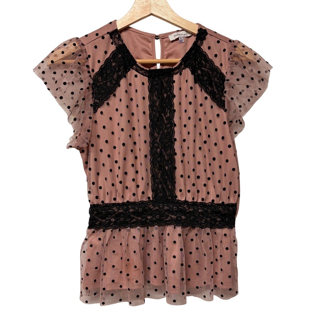 Orchid Haze Pink Mesh Lace Polka Dot Ruffle Top Size S Coquette Fairycore Whimsy